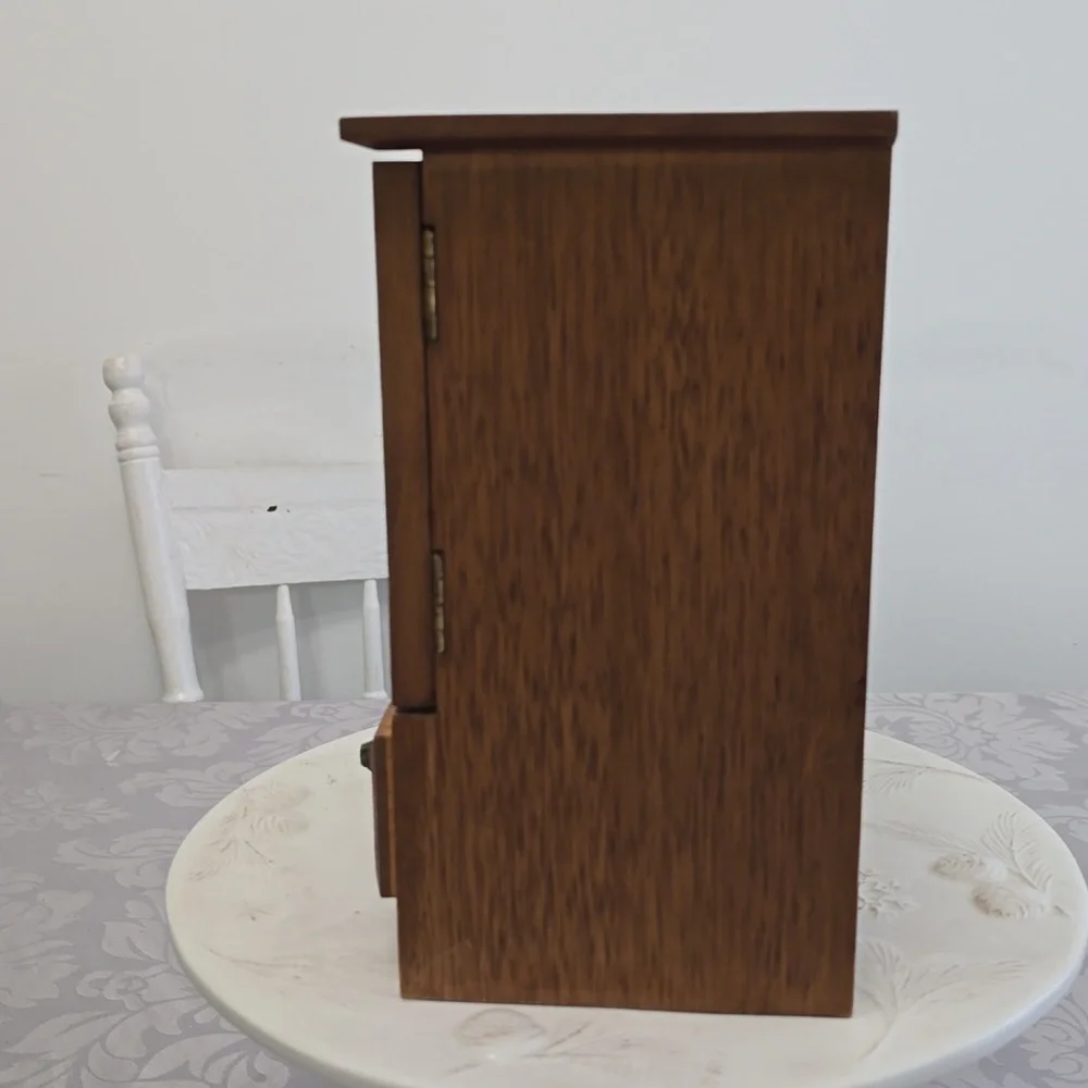 Vintage Mid Century Wood Music Jewelry Box 4 Drawers Mesh Wire Door Metal Pulls
